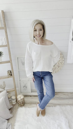 Waffle Knit Lightweight Sweater With Eyelet Bubble Sleeves