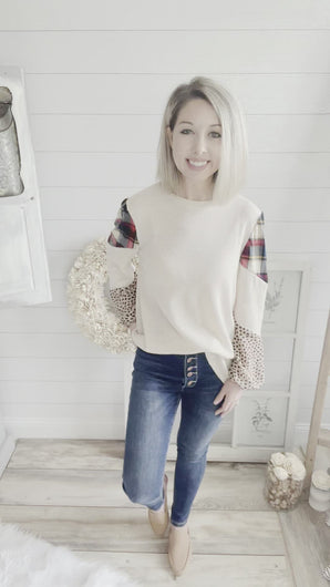 Plaid and Cheetah Print Waffle Knit Sweater